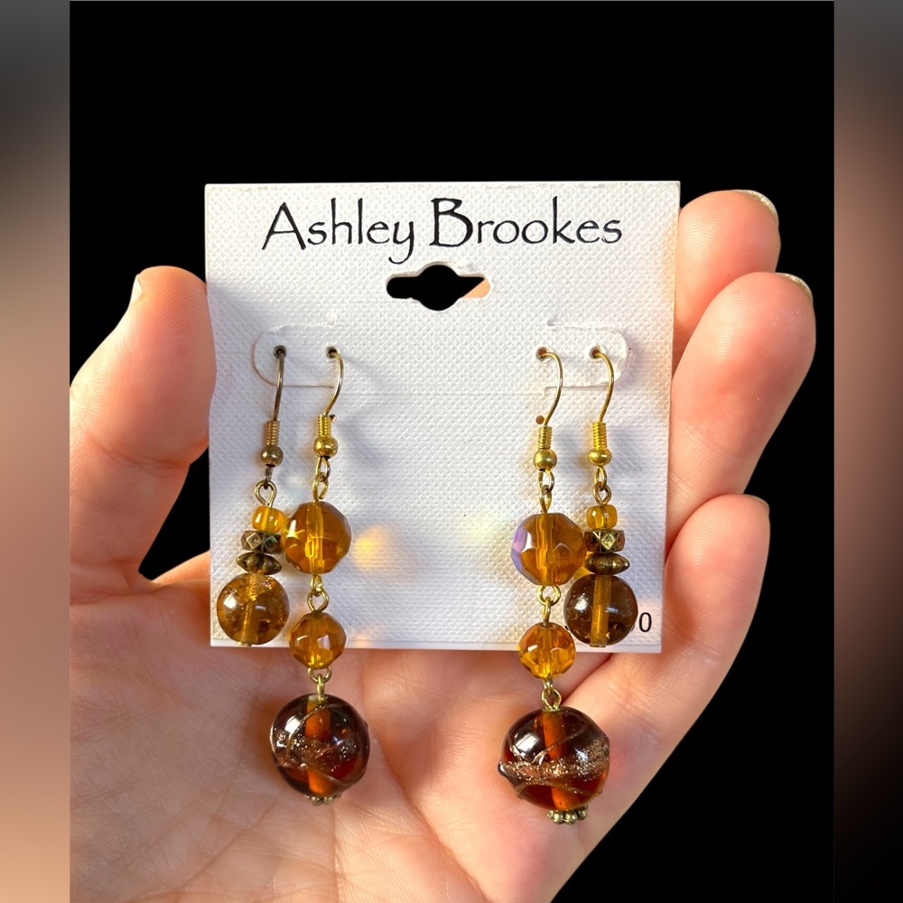 NEW Ashley Brookes Glass Amber Beaded Dangle Earrings PAIR